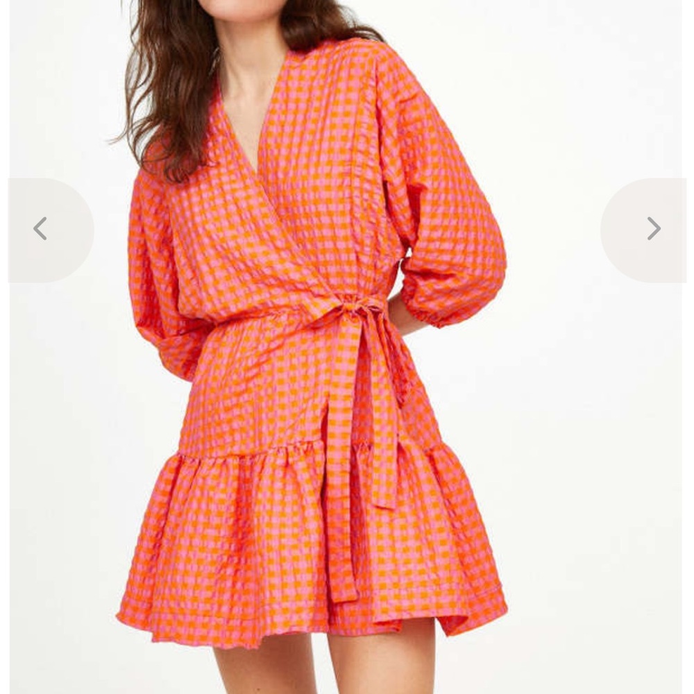 Roseanna Paris Pink Orange Gingham Wrap Dress Size S
